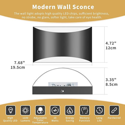 Black Modern LED Wall Sconce, 3 Colors Indoor Wall Lights, 10W Hardwired Up and Down Aluminum Wall Mount Lamp for Bedroom Living Room Hallway Corridor (Black, 4 Pack)