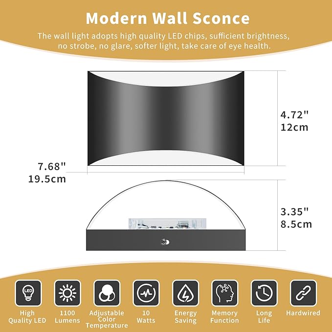 Black Modern LED Wall Sconce, 3 Colors Indoor Wall Lights, 10W Hardwired Up and Down Aluminum Wall Mount Lamp for Bedroom Living Room Hallway Corridor (Black, 1 Pack)
