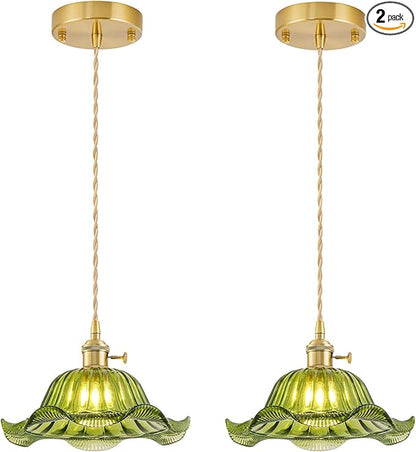 Vintage Pendant Lights Kitchen Island 2 Pack, Adjustable Pendant Light Fixtures with Green Lily Glass Lampshade, Gold Kitchen Pendant Lighting Over Island, Pendant Light for Dining Room Hallway