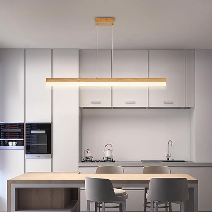 Modern LED Linear Pendant Light Dimmable LED Chandelier 39” Woodgrain Dining Room Light Adjustable Height Ceiling Hanging Light 3000K Island Light for Dinning Room Kitchen