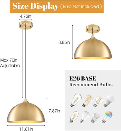 Gold Pendant Light 11.8", Industrial Dome Pendant Lights with Gold Interior, Adjustable Farmhouse Hanging Light for Kitchen Island Dining Room Bedroom Restaurant, 3 Pack