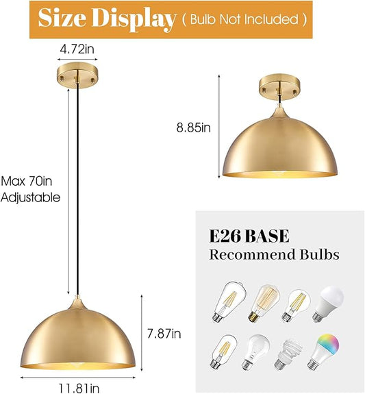 Gold Pendant Light 11.8", Industrial Dome Pendant Lights with Gold Interior, Adjustable Farmhouse Hanging Light for Kitchen Island Dining Room Bedroom Restaurant, 3 Pack