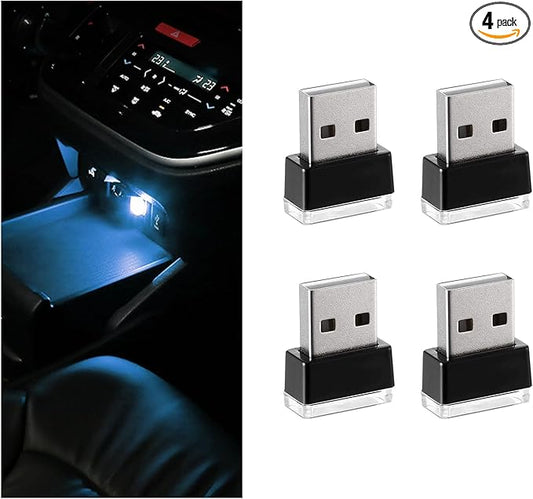 4 PCS USB LED Car Interior Atmosphere Lamp, Portable Mini LED Night Light, Plug-in USB Interface Trunk Ambient Lighting Kit, Universal Interior Car Accessories (Ice Blue)