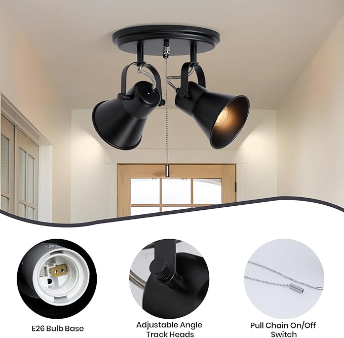 2-Light Black Track Lighting with Pull Chain, Industrial Adjustable Pull Chain Light Fixture Round Ceiling Light, Modern Flush Mount for Kitchen, Hallway, Dining Room