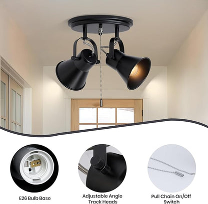 2-Light Black Track Lighting with Pull Chain, Industrial Adjustable Pull Chain Light Fixture Round Ceiling Light, Modern Flush Mount for Kitchen, Hallway, Dining Room