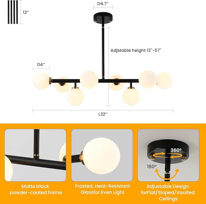 Sputnik Black and Gold Chandelier Pendant Linear Light Modern Mid Century Light Fixture White Globe Shade for Dining Living Room Kitchen Island 8-Light