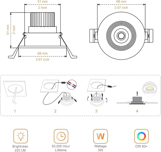 LightingWill 2Inch LED Recessed Ceiling Light, 3W Dimmable LED Downlight, 60 Beam Angle, Warm White 3000K-3500K, 25W Halogen Bulbs Equivalent, White, 1 Pack