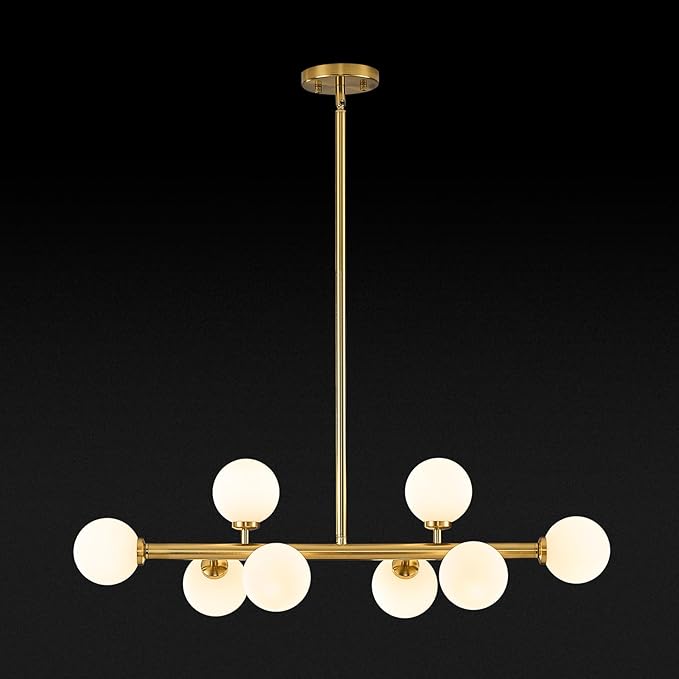 Mid Century Modern Globe Sputnik Chandelier, 8-Light Linear Chandeliers for Dining Room and Kitchen Island, Dining Light Fixture Over Table, Brass Gold and Milk White Glass Bubble, 32 Inch