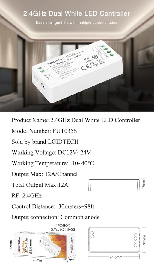 LGIDTECH FUT035S CCT Dual White LED Strip Light Controller,Input DC 12-24V,Output Max 12A
