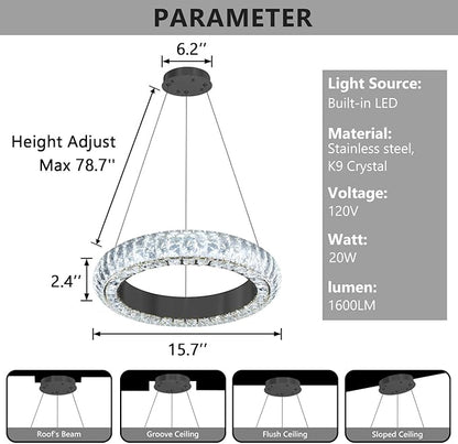 16" Ring Modern LED Dimmable Crystal Chandelier Adjustable Height Pendant Light Round Crystal Chandelier Light Fixtures for Dining Room Living Room Kitchen Island Black