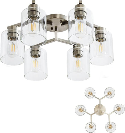 6 Light Semi Flush Mount Ceiling Light Modern Brushed Nickel Ceiling Light Fixtures Kitchen Lighting Fixtures Cieling with Clear Glass Shade for Kitchen Bedroom Living Room Dining Room
