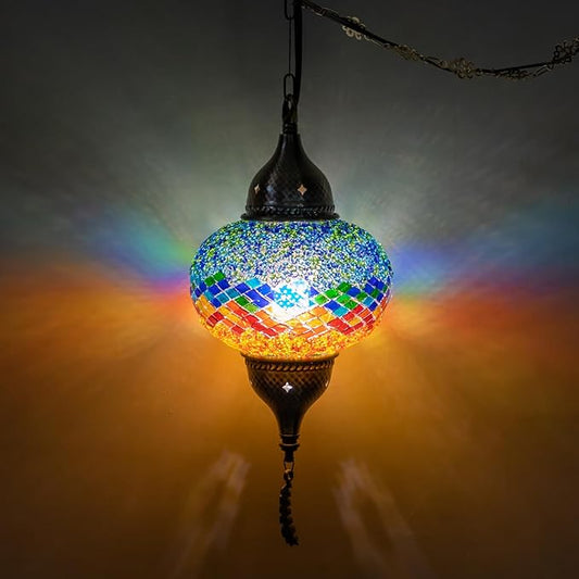 Turkish Moroccan Mosaic Pendant Light - Handcrafted Tiffany Style Swag Lamp with 15ft Cord, Vintage Glass Ceiling Fixture Lighting for Mediterranean Decor (Multicolor2)