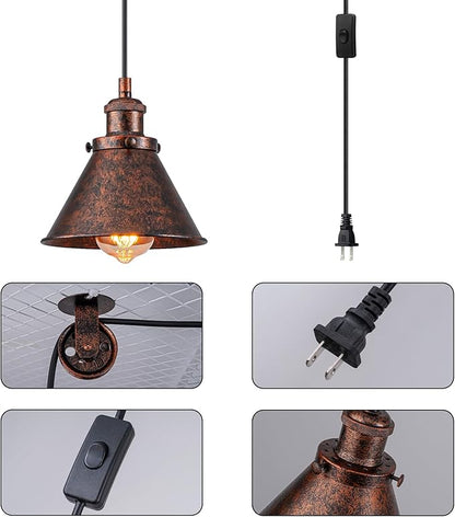 Plug in Pendant Light, On/Off Switch, 7.1 in. Hanging Light Fixture with Rustic Cone Shade, Rusty Pendant Light, 16.4ft Hanging Lights with Plug in Cord for Bedroom, Kitchen, Living Room