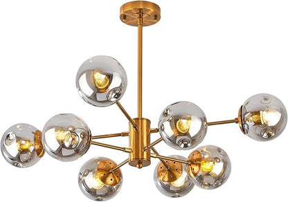 DDLLDESHI Gold Chandelier 8 Head Dining Room Light Fixture, Sliver Glass Globe Shade Kitchen Lights Modern Chandeliers (Ceiling Hanging Lighting Fixtures with Sputnik Pendant)