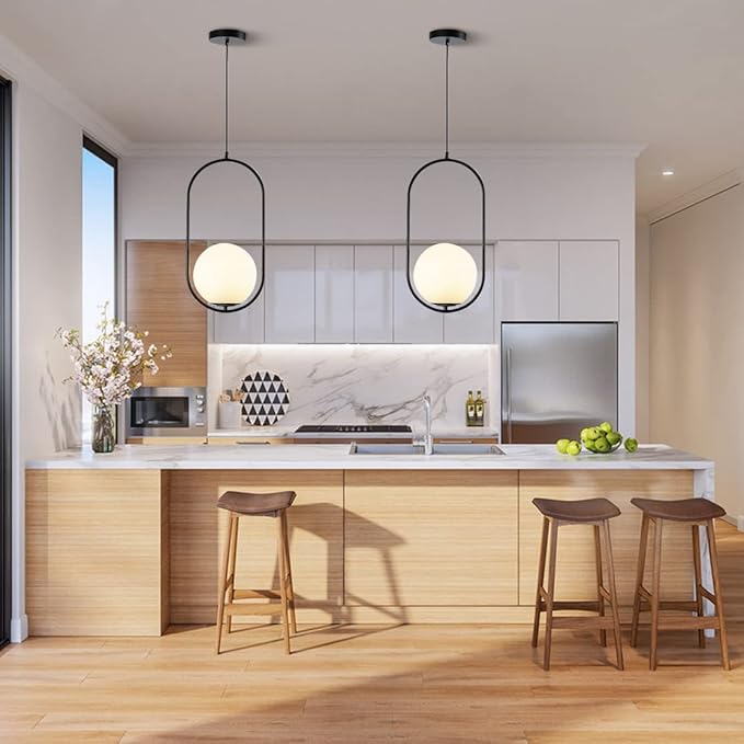 Modern Black Globe Pendant Light Set of 2 Frosted Glass Shade Geometric Hanging Fixture Indoor Adjustable Hanging Pendant Lamp Spherical Lighting for Kitchen Island Bedroom