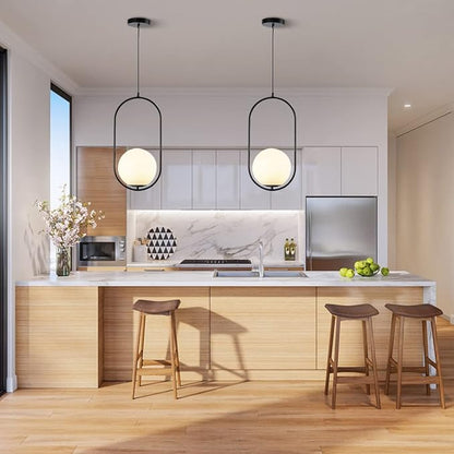 Modern Black Globe Pendant Light Set of 2 Frosted Glass Shade Geometric Hanging Fixture Indoor Adjustable Hanging Pendant Lamp Spherical Lighting for Kitchen Island Bedroom