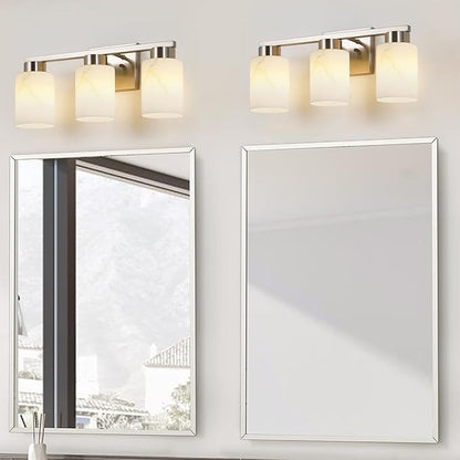 3-Light Bathroom Light Fixtures, Modern Vanity Lights, Brushed Nickel Metal Wall Lamp with White Marble Glass for Bathroom, Mirror, Living Room, Bedroom, Cabinet, Porch, Hallway, E26 Base