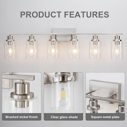 6 Light Bathroom Light Fixtures Brushed Nickel Vanity Light Over Mirror Modern Farmhouse Wall Lighting Sconces Wall Lamp for Bathroom, Bedroom, Living Room E26 Socket with Glass Shade
