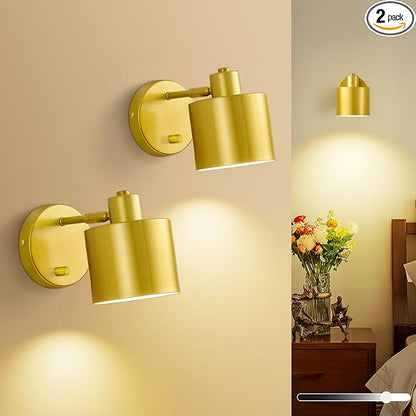 Lightess Sconces Wall Decor Set of 2 with Switch, 350° Rotatable Dimmable Gold Wall Sconce Hardwired, Industrial Wall Lights for Living Room, Bedroom, Bathroom, Hallway, (Not Included Bulb)