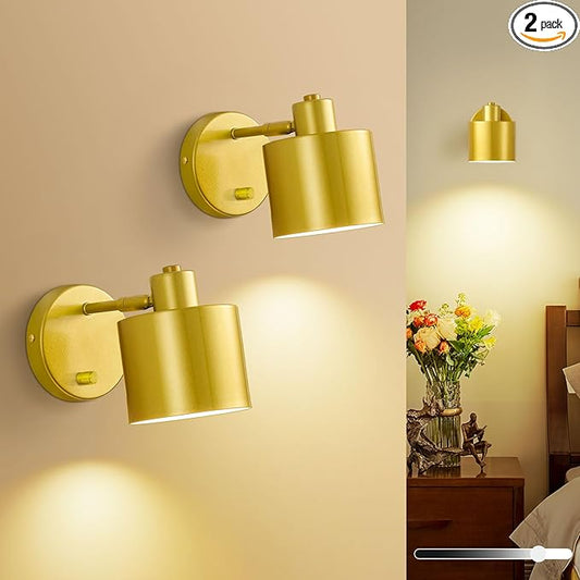 Lightess Sconces Wall Decor Set of 2 with Switch, 350° Rotatable Dimmable Gold Wall Sconce Hardwired, Industrial Wall Lights for Living Room, Bedroom, Bathroom, Hallway, (Not Included Bulb)