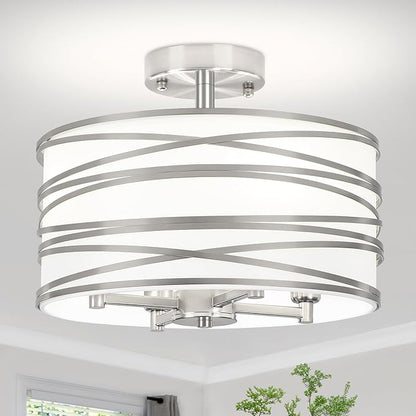 TOULMJ 4-Light Semi Flush Mount Ceiling Light, Brushed Nickel Drum Chandelier with White Fabric Shade, Modern Farmhouse Light Fixtures for Kitchen Island Laundry Room Hallway Dining Room