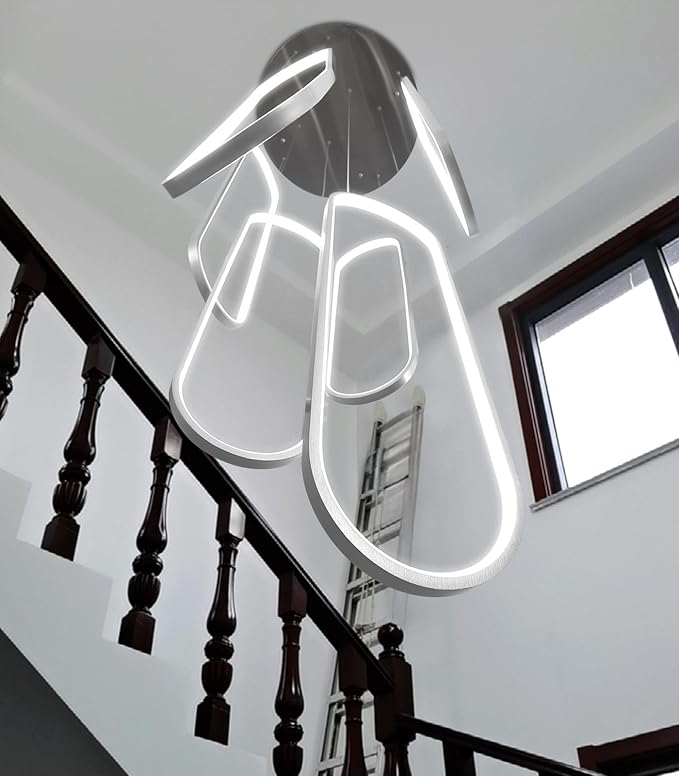 6 Rings Modern Chandelier LED Dimmable Pendant Lighting High Ceiling Chandelier for Entrance Foyer Lobby Staircaes Sliver 118''