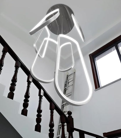 6 Rings Modern Chandelier LED Dimmable Pendant Lighting High Ceiling Chandelier for Entrance Foyer Lobby Staircaes Sliver 118''