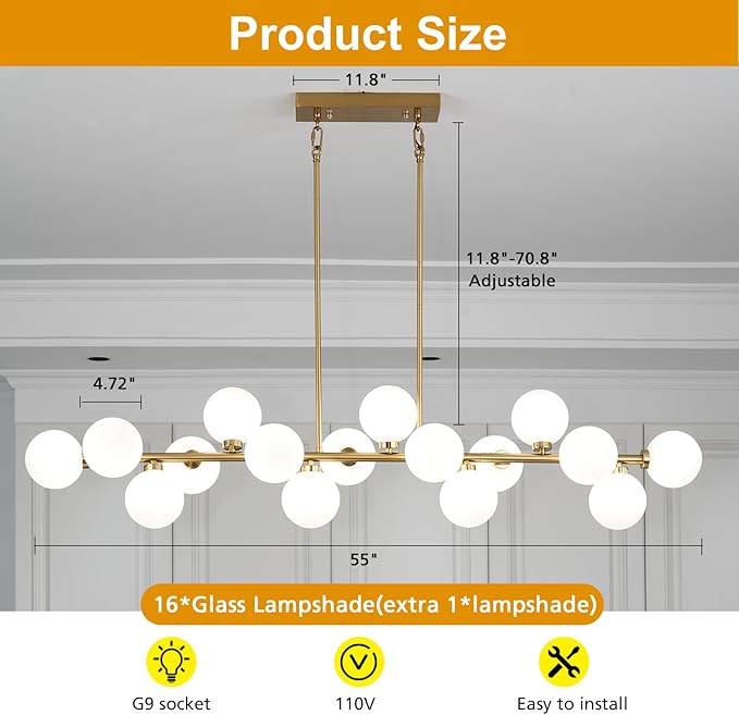 Black Large Linear Sputnik Chandelier, 55" Mid Century Modern Chandelier with 16 Grey Glass Lampshades, Big Modern Globe Chandeliers for High Ceiling Dining Room Kitchen Island - Black