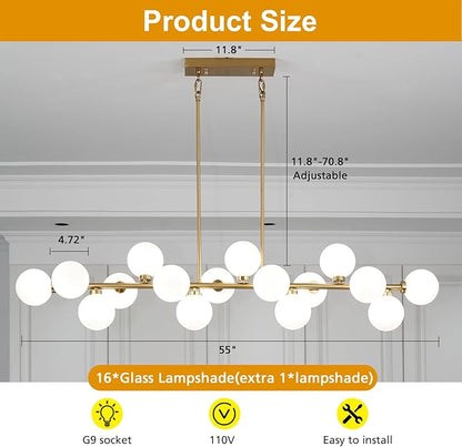 Black Large Linear Sputnik Chandelier, 55" Mid Century Modern Chandelier with 16 Grey Glass Lampshades, Big Modern Globe Chandeliers for High Ceiling Dining Room Kitchen Island - Black
