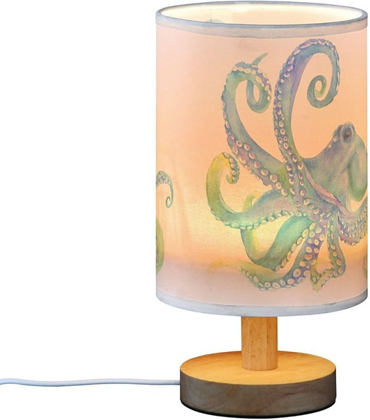 Watercolor Octopus with Tentacle Blue Purple Pastel Color Table Lamp with Wood Base Fabric Lamp Shade Bedside Nightstand Desk Lamp for Living Room Bedroom Kids Room Office