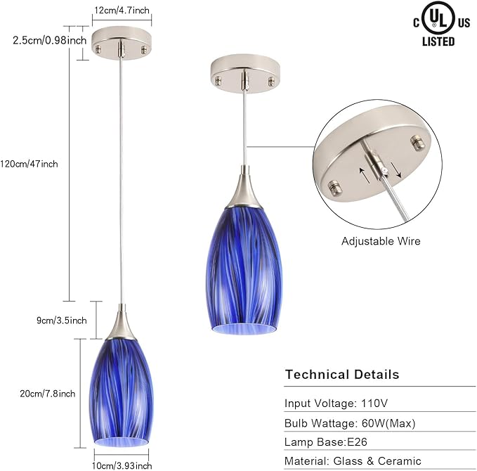 GLADFRESIT Deep-Sea Blue Glass Pendant Lights – Set of 3, Handcrafted Hanging Lights for Kitchen Island, Dining Room, or Entryway – Adjustable Nylon Cord & Ceramic Socket – E26 Base (Bulbs Excluded)