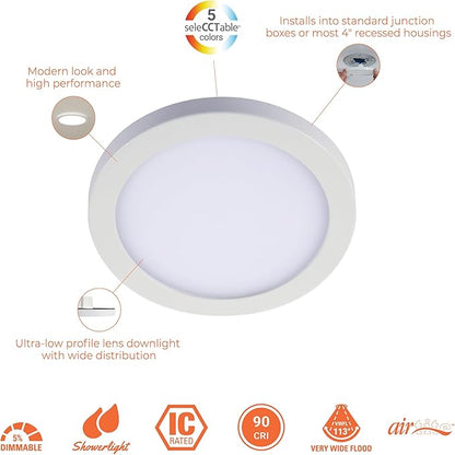 HALO 4 in Round Integrated LED Surface Mount Recessed Downlight Trim 6-Pack, Selectable CCT 2700K-5000K, Wet Rated for Shower and Outdoor Lighting Applications, Energy Star, White - SMD4R07FS5-6PK