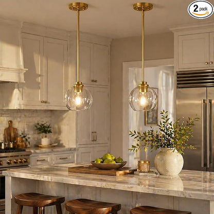 Gold Pendant Light, 7 Inch Clear Glass Farmhouse Hanging Fixture, Adjustable Height & Sloped Ceiling Compatible for Kitchen Island Dining Room Entryway Bedroom Hallway, 2 Pack