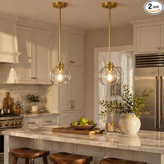Gold Pendant Light, 7 Inch Clear Glass Farmhouse Hanging Fixture, Adjustable Height & Sloped Ceiling Compatible for Kitchen Island Dining Room Entryway Bedroom Hallway, 2 Pack