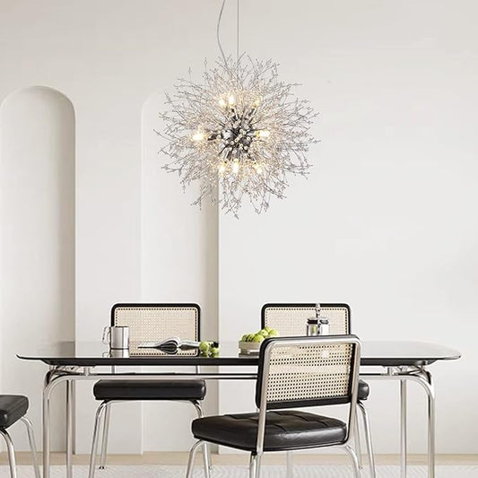 Firework Crystal Chandeliers, 9-Light Stainless Steel Dandelion Chandelier Chrome, 19.6" Modern Sputnik Pendant Lighting for Bedroom Dining Room