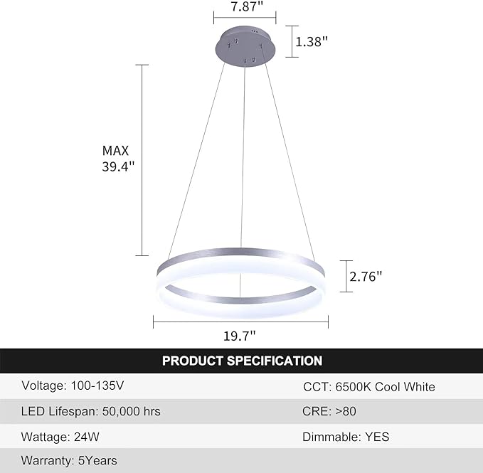 Buccleuch Modern LED Chandelier - Dimmable 19.7" Silver Round Pendant Light, Height Adjustable UL-Certified Ceiling Light for Dining Room, Kitchen Island, Living Room, Bedroom, Foyer, 6500K