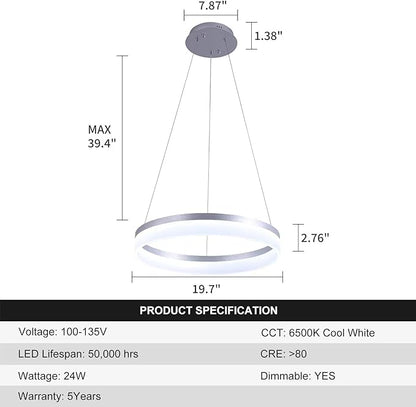 Buccleuch Modern LED Chandelier - Dimmable 19.7" Silver Round Pendant Light, Height Adjustable UL-Certified Ceiling Light for Dining Room, Kitchen Island, Living Room, Bedroom, Foyer, 6500K
