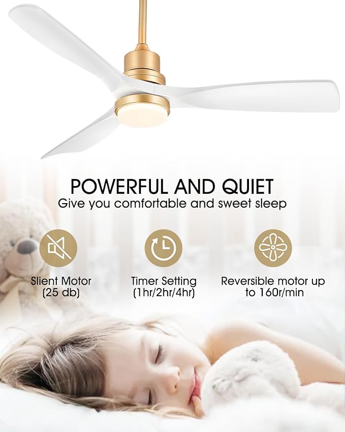 White and Gold Ceiling Fans with Lights and Remote, 52inch Modern Gold Ceiling Fan ETL Listed, 3 Downrods, 3 blades Gold Fan Reversible Quiet DC Motor, Timer,6-Speed for Outdoor Indoor,52in,White Gold