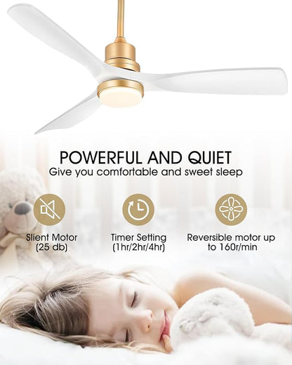 White and Gold Ceiling Fans with Lights and Remote, 52inch Modern Gold Ceiling Fan ETL Listed, 3 Downrods, 3 blades Gold Fan Reversible Quiet DC Motor, Timer,6-Speed for Outdoor Indoor,52in,White Gold