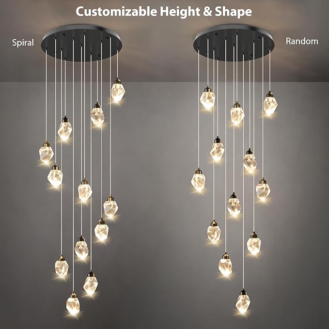 Crystal LED High Ceiling Chandelier: Long Remote Dimmable 12 Pendant Light Fixtures - Spiral Drop Flush Mount Sloped Ceilings Modern Chandeliers For Entryway Living Room Foyer Staircase Entrance
