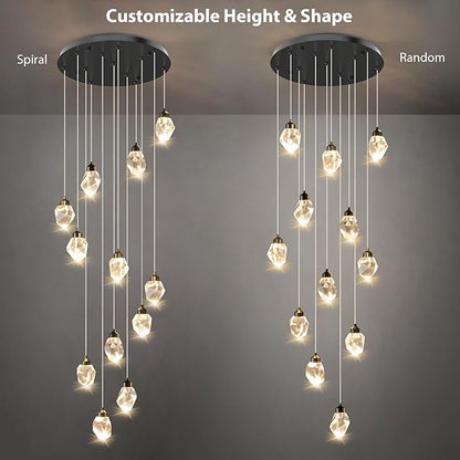 Crystal LED High Ceiling Chandelier: Long Remote Dimmable 12 Pendant Light Fixtures - Spiral Drop Flush Mount Sloped Ceilings Modern Chandeliers For Entryway Living Room Foyer Staircase Entrance