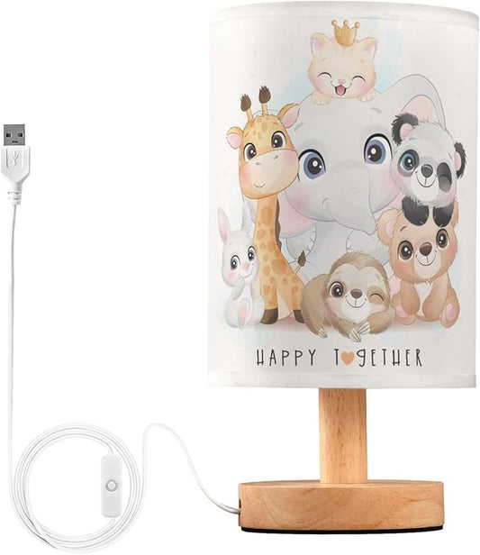 Cute Animal Watercolor Elephant Giraffe Panda Sloth Bunny Bear Cat Table Lamp with Wood Base Fabric Lamp Shade Bedside Nightstand Desk Lamp for Living Room Bedroom Kids Room Office