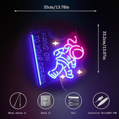 "Hang on to Your Dreams" Tired Astronaut Neon Light - Motivational Space Themed LED Wall Art, Dimmable USB Night Light with Hanging Kit, Inspiring Study Bedroom Decor Gift for Students & Dreamers