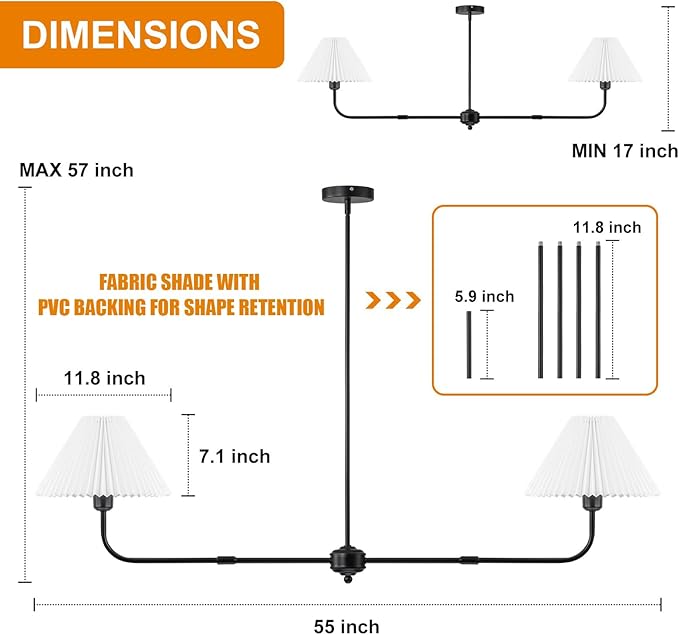Modern Chandelier, 2-Light Linear Dining Room Light Fixture with White Fabric & ABS Shade Kitchen Island Lighting Fixture for Over Table, Living Room, Bedroom