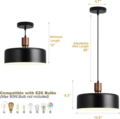 Modern Solid Wood Pendant Lights,13.8" Large Hammered Vintage Chandeliers,Black Finish Hanging Lighting Lamp,Industrial Drum Ceiling Light Fixtures for Dining Room,Kitchen Island, Farmhouse