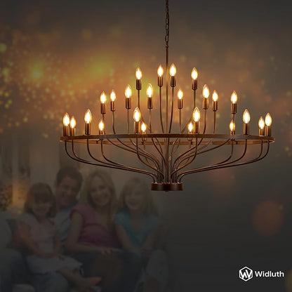 47.2" Large Black Chandelier 24 Light Rustic Industrial Candle Chandeliers Modern Farmhouse Vintage Wagon Wheel Chandelier for Dining Room, Kitchen Island, Hallway, Living Room, Foyer, E12
