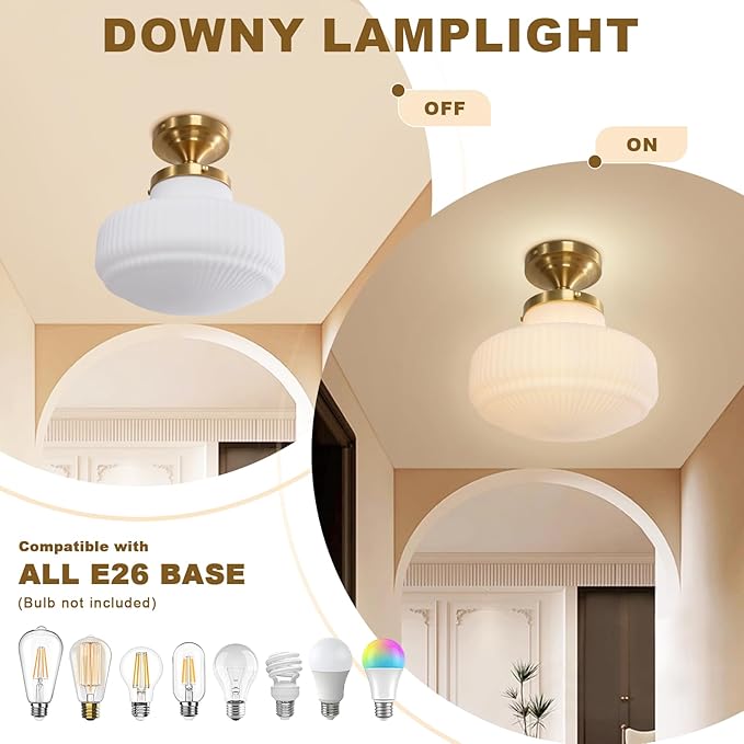 White Glass Semi Flush Mount Ceiling Light, Mid Century Modern Gold Ceiling Lamp Farmhouse Close to Ceiling Light Fixture for Bedroom Kitchen Entryway Hallway