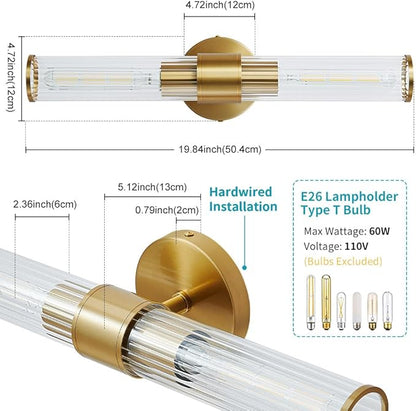 Gold Bathroom Light Fixtures 2 Pack, Vanity Lights for Mirror with Threaded Glass Shade, 20 Inch Up and Down Wall Sconces for Bathroom Bedroom Living Room Hallway - Bulb Not Included