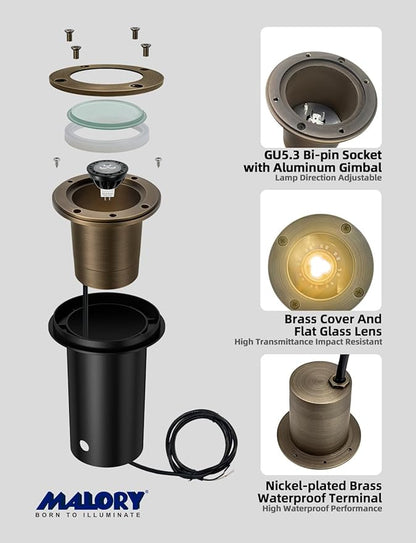 MALORY Brass Landscape Well Lights,(φ99 mm) 12V Low Voltage Outdoor In Ground Lights,Landscape Lighting for Pathway, Driveway and Garden (Full Brass -01A, 1-Pack with Bulb)