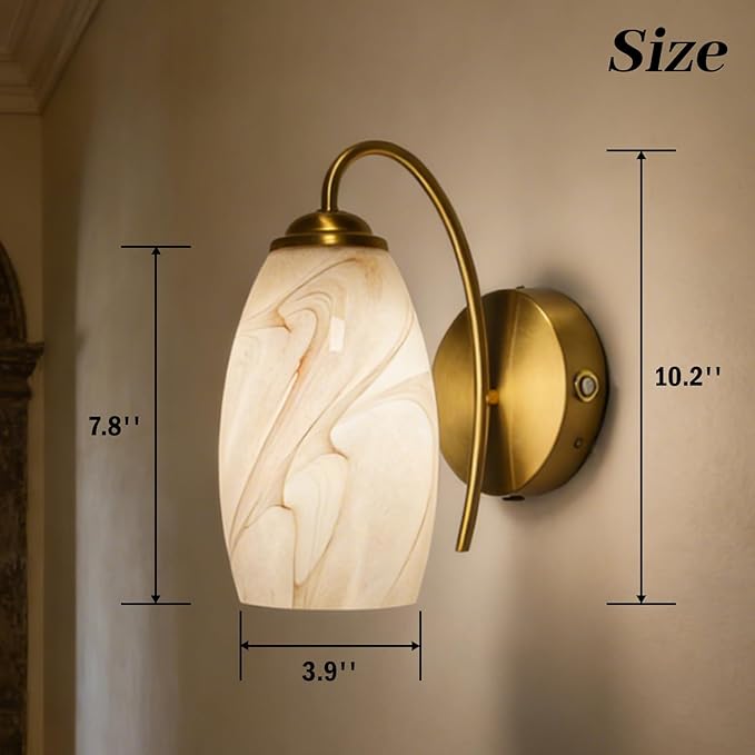Gold Alabaster Battery Operated Wall Sconces Set of 2, Rechargeable Wireless Brass Wall Lights, Touch & Remote Control, Dimmable 3 Color Temperatures, Vintage Mount Hand-Blown Glass Sconce for Bedroom